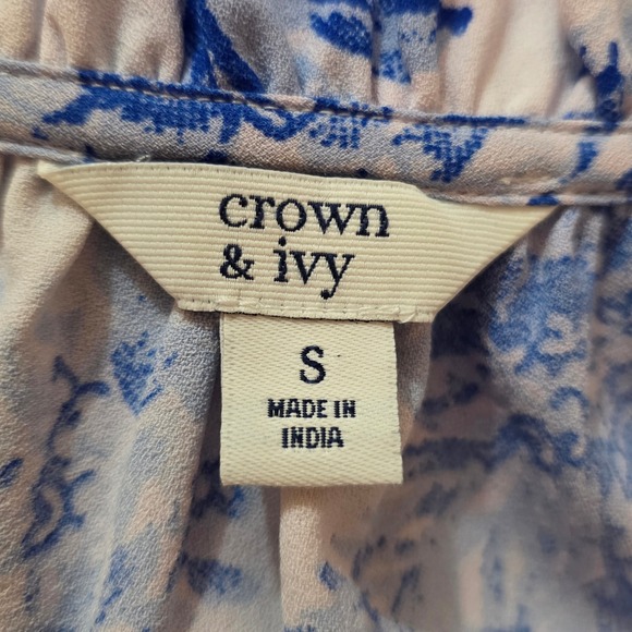 Crown & Ivy Women Blue White Toile Print Tassel Tie Blouse Top Small 3/4 Sleeve - Picture 9 of 10